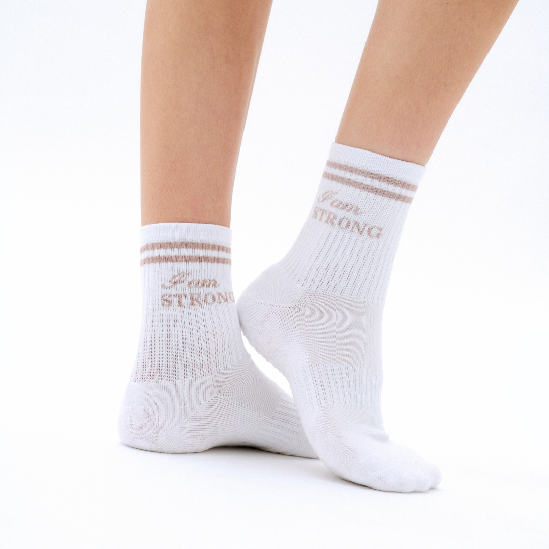 I am strong - white and brown non-slip grip socks for yoga, pilates and barre, with soft terry sole and silicone grip.