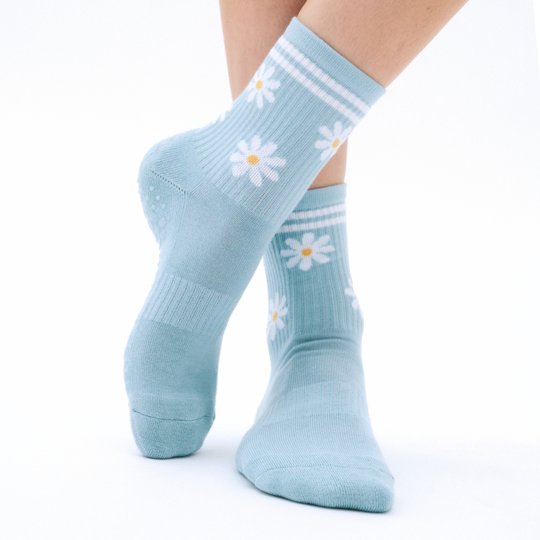 Daisy - blue, white and yellow non-slip grip socks for yoga, pilates and barre, with soft terry sole and silicone grip.