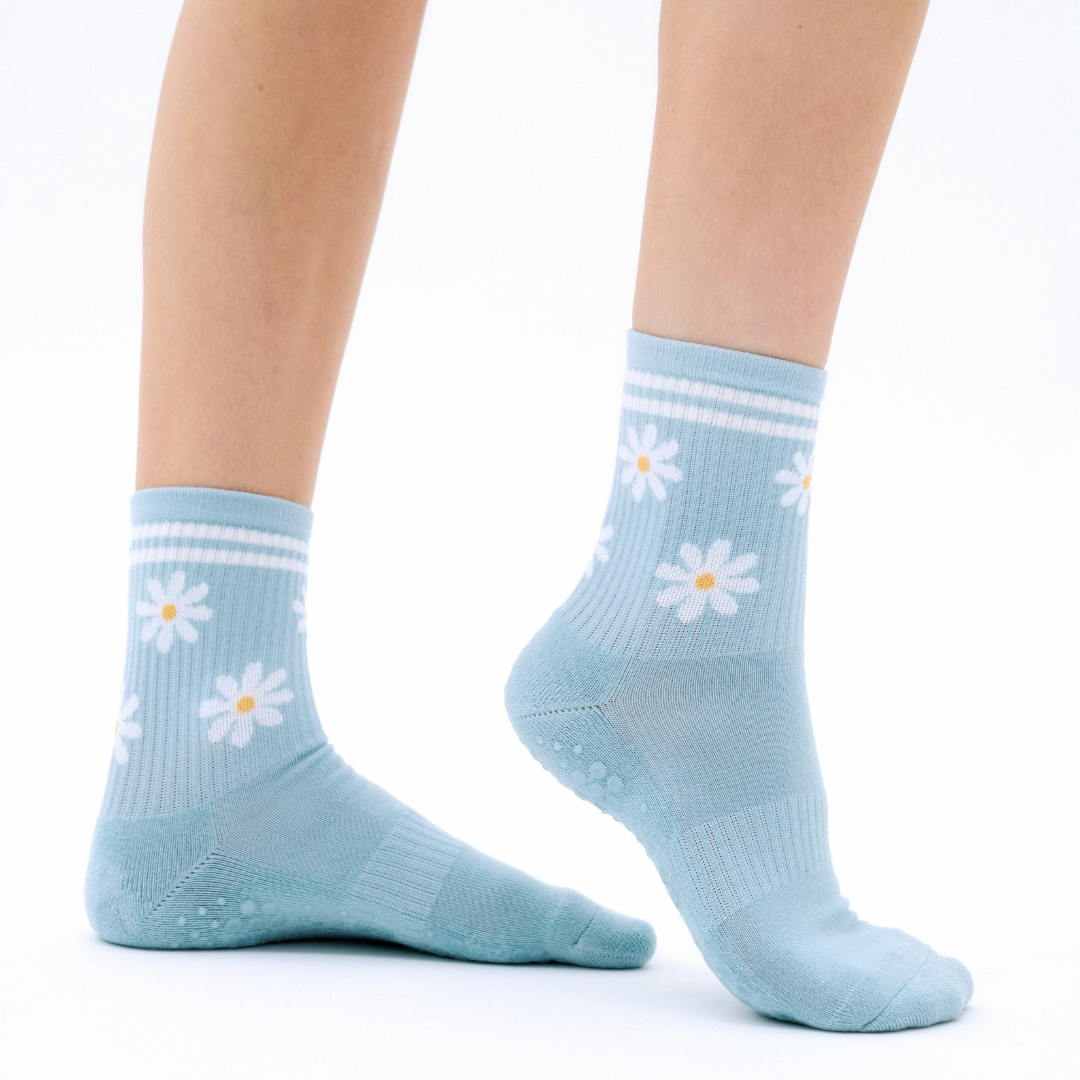 Daisy - blue, white and yellow non-slip grip socks for yoga, pilates and barre, with soft terry sole and silicone grip.