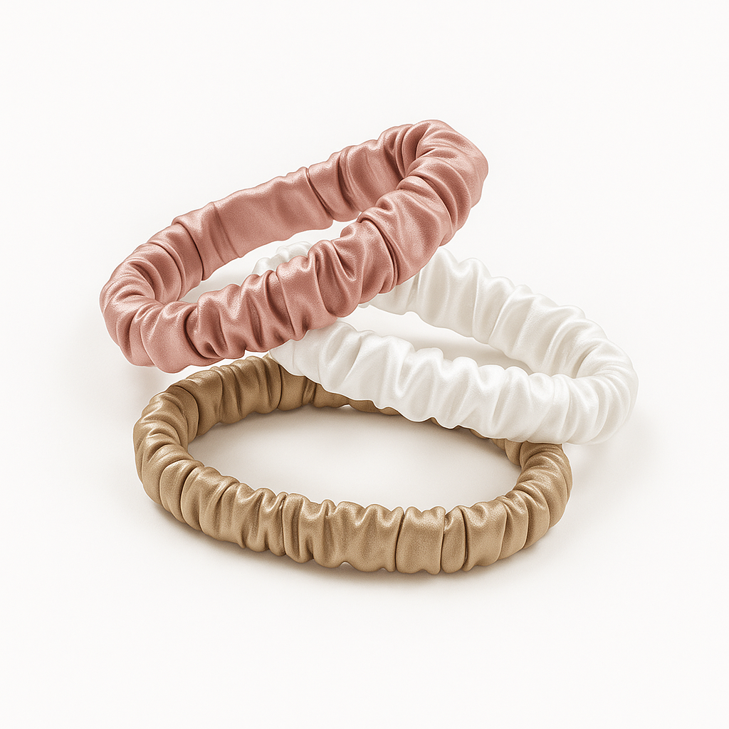 Set of Mini Silk Scrunchies | Pink, Beige, Ivory