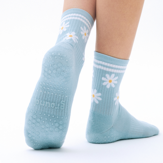 Daisy - blue, white and yellow non-slip grip socks for yoga, pilates and barre, with soft terry sole and silicone grip.