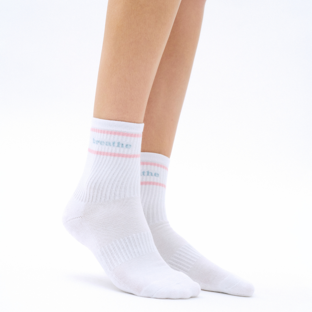 Breathe - white, pink and blue non-slip grip socks for yoga, pilates and barre, with soft terry sole and silicone grip.