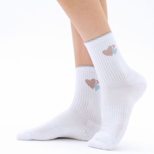 Amore - blue, white and brown non-slip grip socks for yoga, pilates and barre, with soft terry sole and silicone grip.