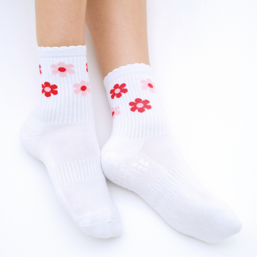 Giardino - white, red and pink non-slip grip socks for yoga, pilates and barre, with soft terry sole and silicone grip.