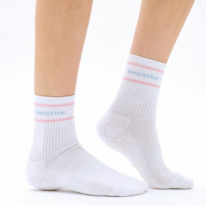 Breathe - white, pink and blue non-slip grip socks for yoga, pilates and barre, with soft terry sole and silicone grip.