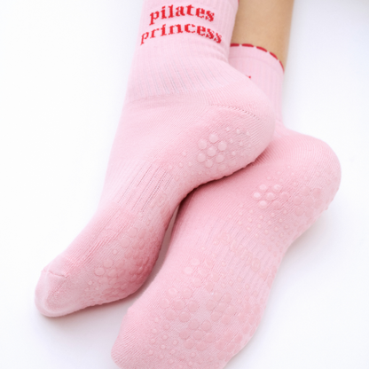 Pilates Princess - pink and red non-slip grip socks for yoga, pilates and barre, with soft terry sole and silicone grip.