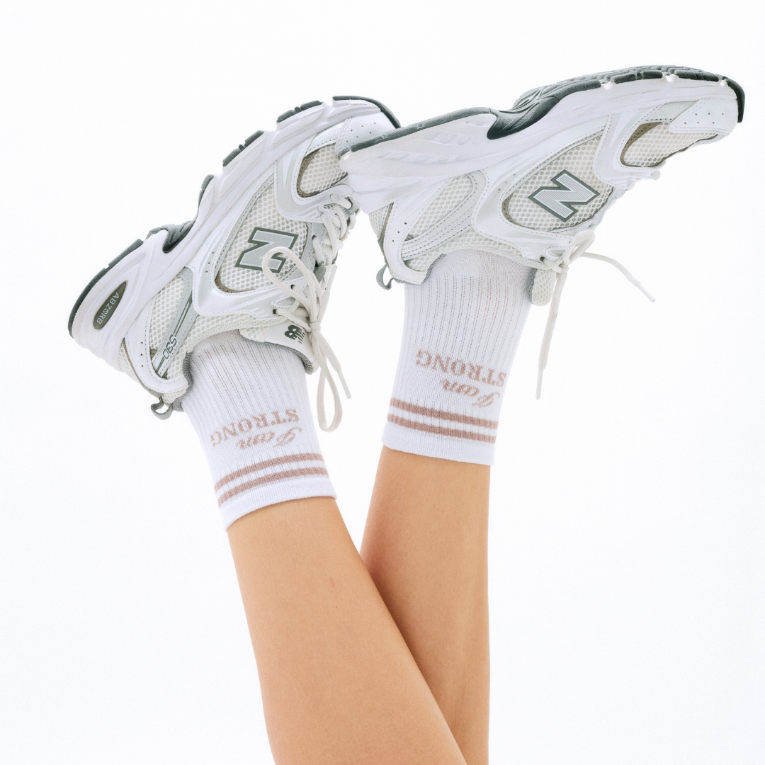 I am strong - white and brown non-slip grip socks for yoga, pilates and barre, with soft terry sole and silicone grip.