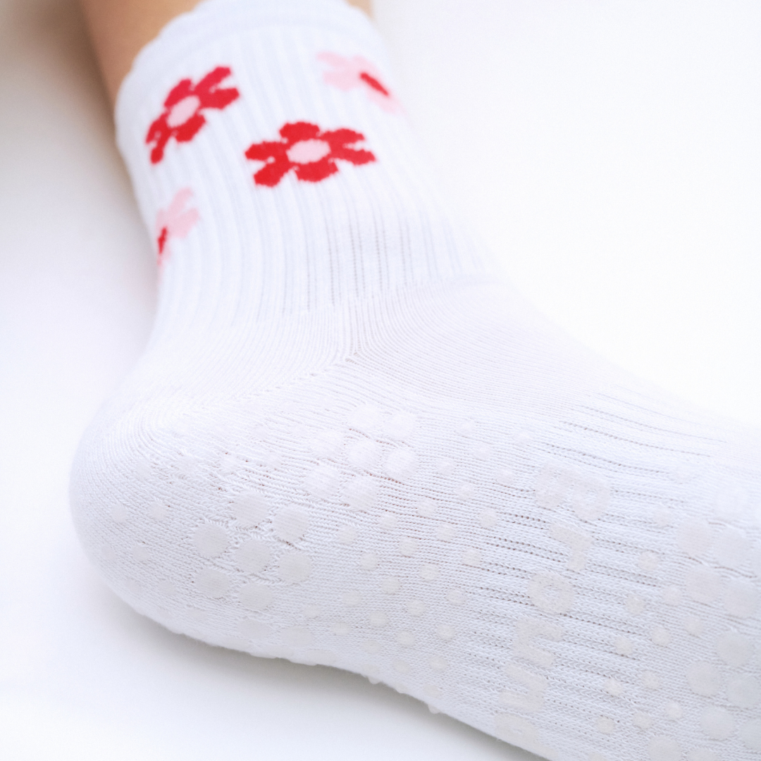 Giardino - white, red and pink non-slip grip socks for yoga, pilates and barre, with soft terry sole and silicone grip.