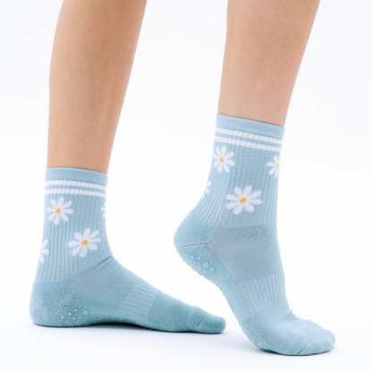 Daisy - blue, white and yellow non-slip grip socks for yoga, pilates and barre, with soft terry sole and silicone grip.