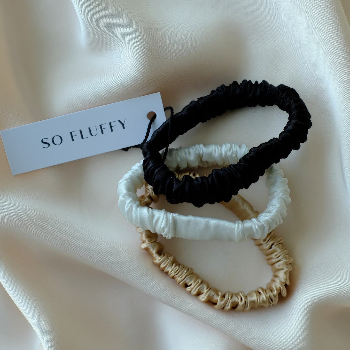 Set of Mini Silk Scrunchies | Black, Beige, Ivory