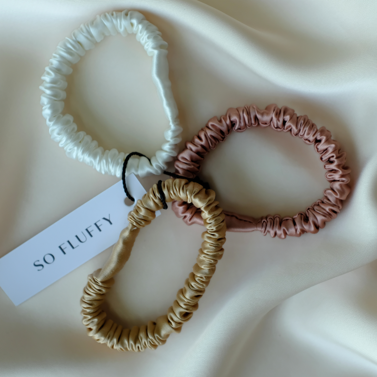Set of Mini Silk Scrunchies | Pink, Beige, Ivory